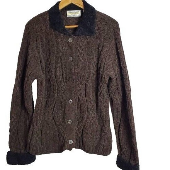 Vintage Y2K Lisa Nichols Cable Knit Wool Blend Button Up Brown Black Cardigan XL - Picture 1 of 9